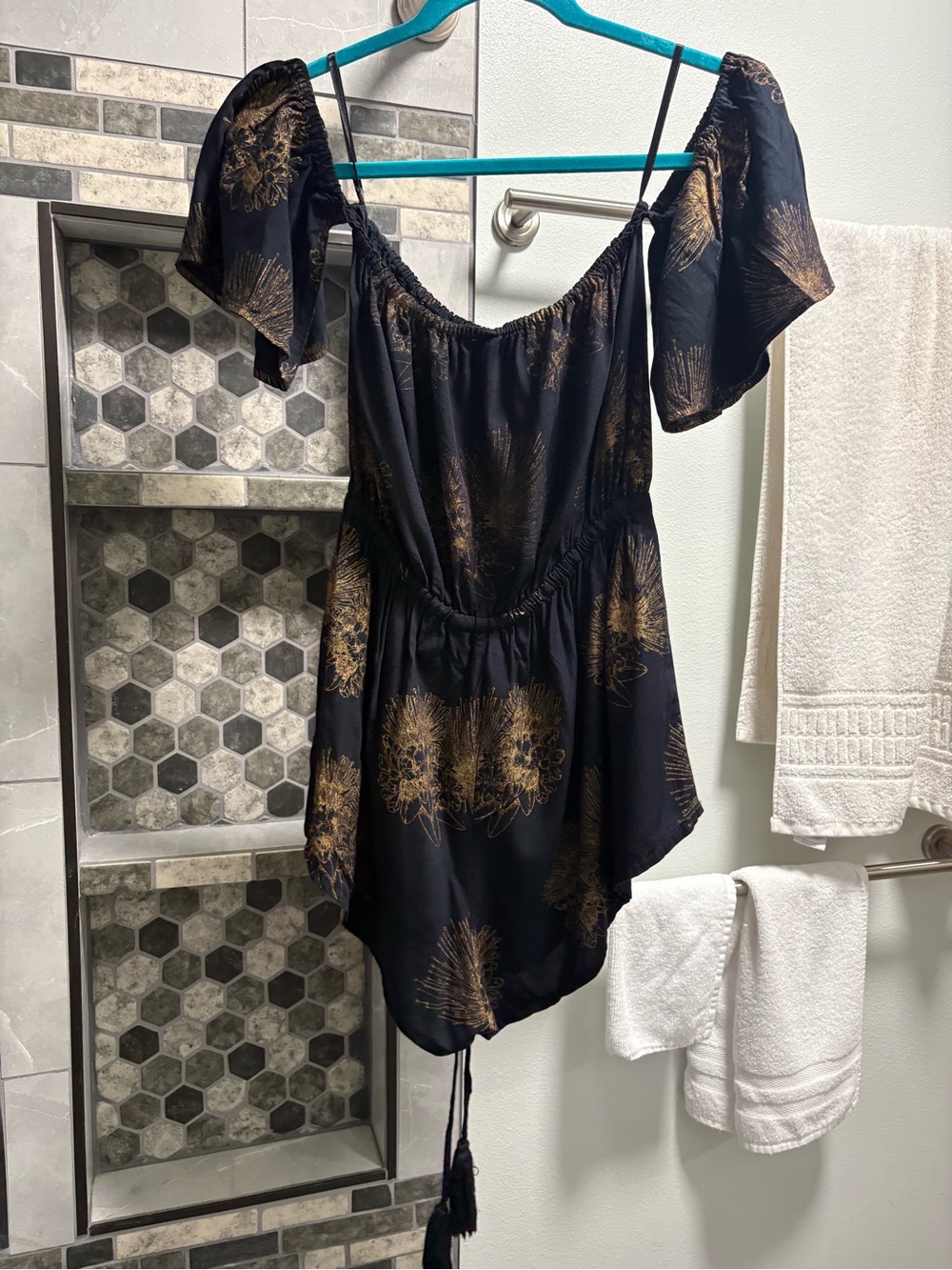 Black & Gold Off-Shoulder Romper Jumpsuit